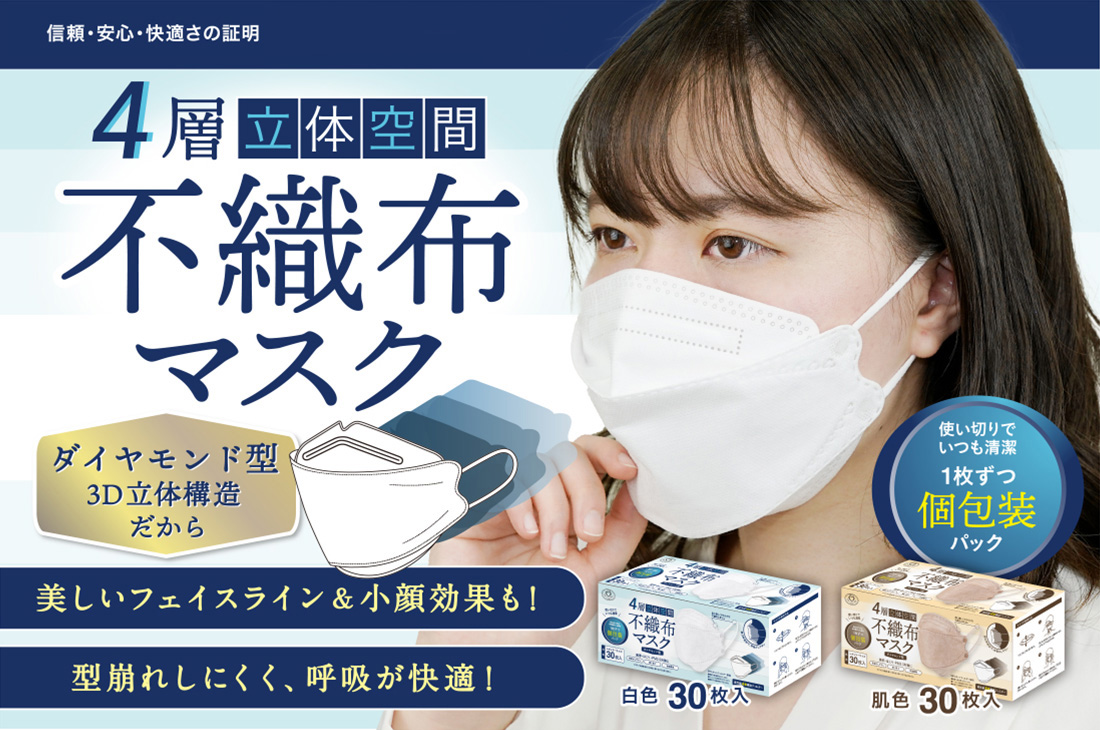 □立体三層/不織布マスク【65枚入り×4箱セット＝260枚】ふつう